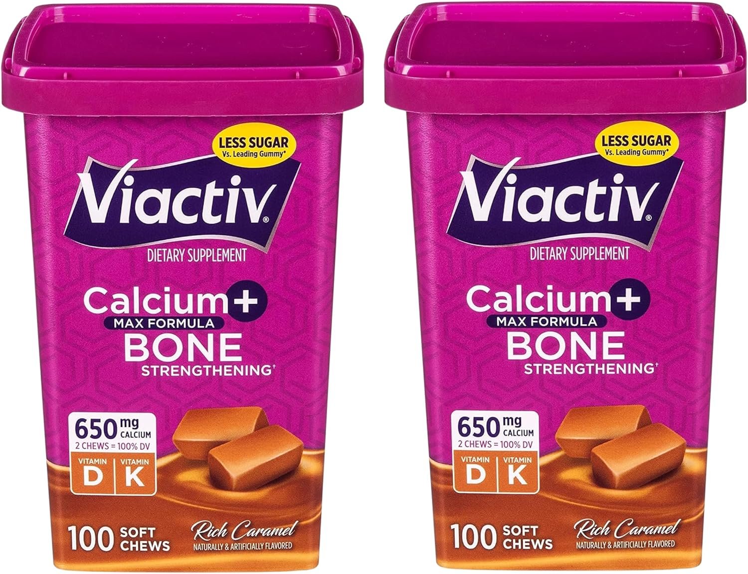 Viactiv Max Formula Calcium +Vitamin D3 Supplement for Bone Health, Rich Caramel, 100 Soft Chews – 2 Pack