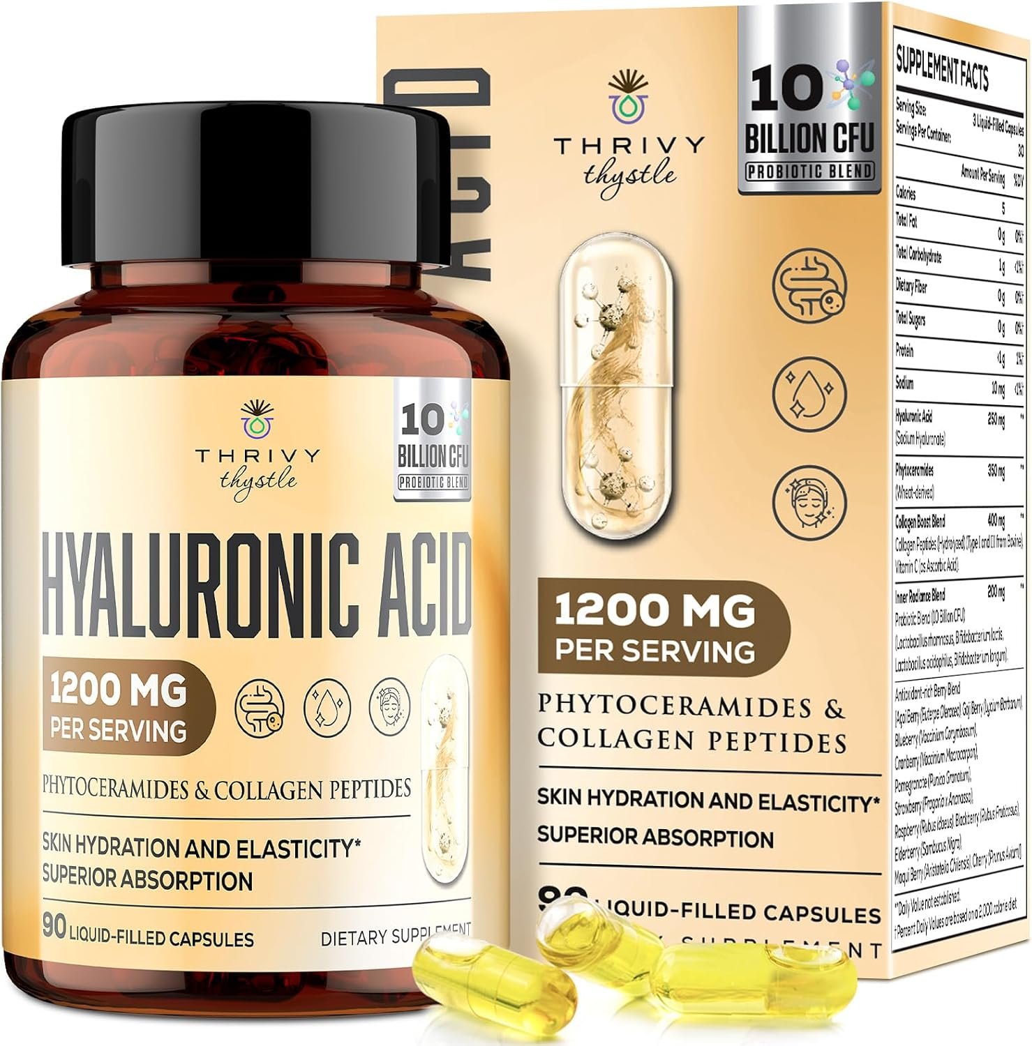 19-in-1 Hyaluronic Acid Capsules – Hylunaric Acid 1200 mg, with Collagen Peptides, Vitamin C, Phytoceramides – for Skin, Eyes, Gastrointestinal, Bones Support (1 Pack)