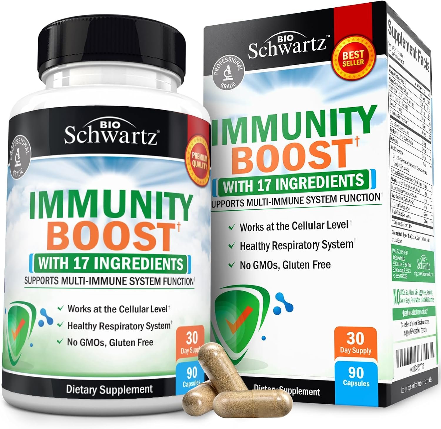Immune Support Supplement for Adults with Vitamin C and Zinc, 90 Capsules | Elderberry, Ginger, Bee Propolis, Beta Carotenes Immunity Boost for Adults, Immune Defense Antioxidant Vitamins, BioSchwartz
