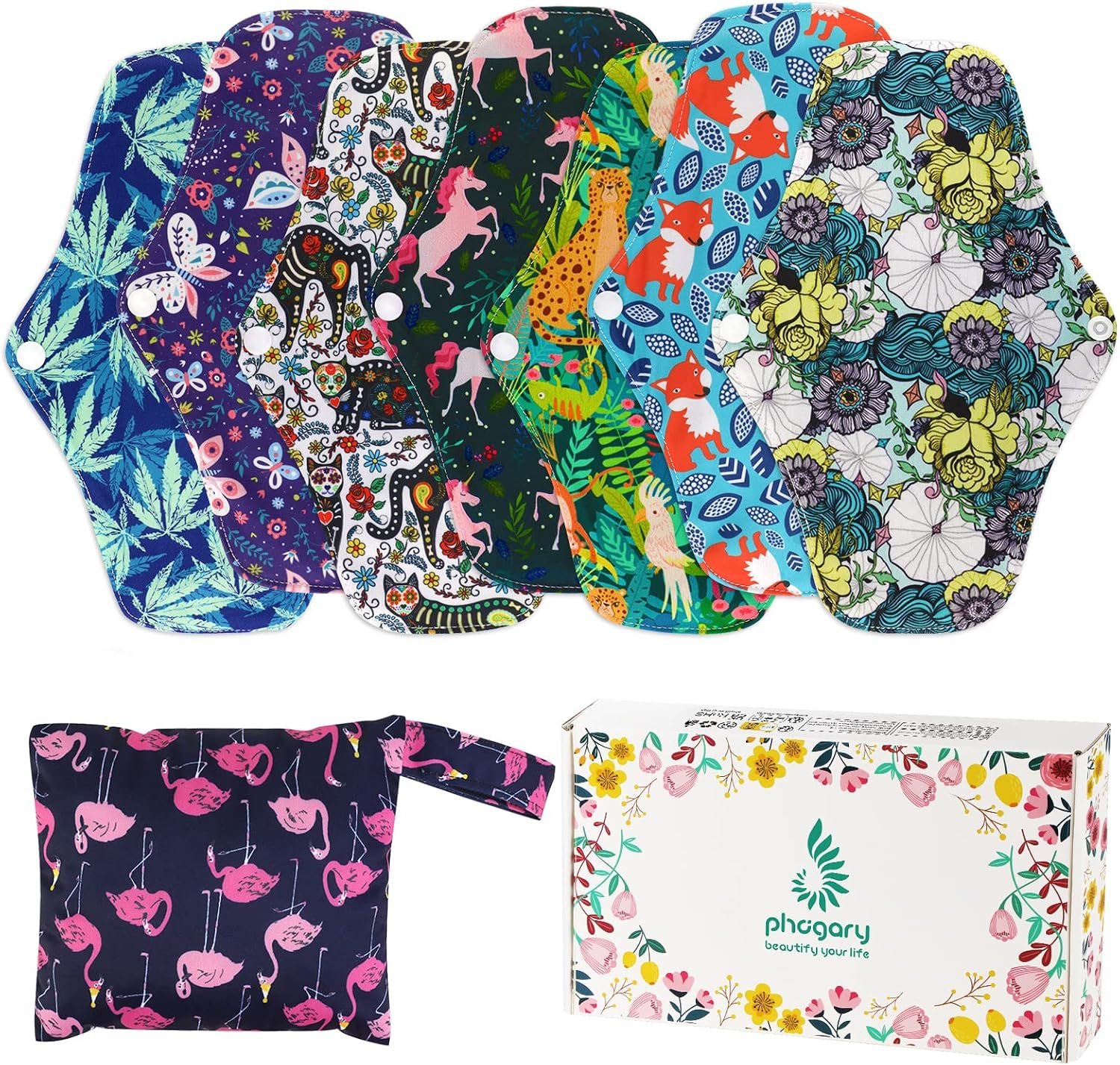 Reusable Menstrual Pads (7 in 1, 25.4cm 4 Layers), Bamboo Cloth Pads for Heavy Flow with Wet Bag, Large Sanitary Pad Set with Wings for Women, Washable Overnight Cloth Panty Liners Period