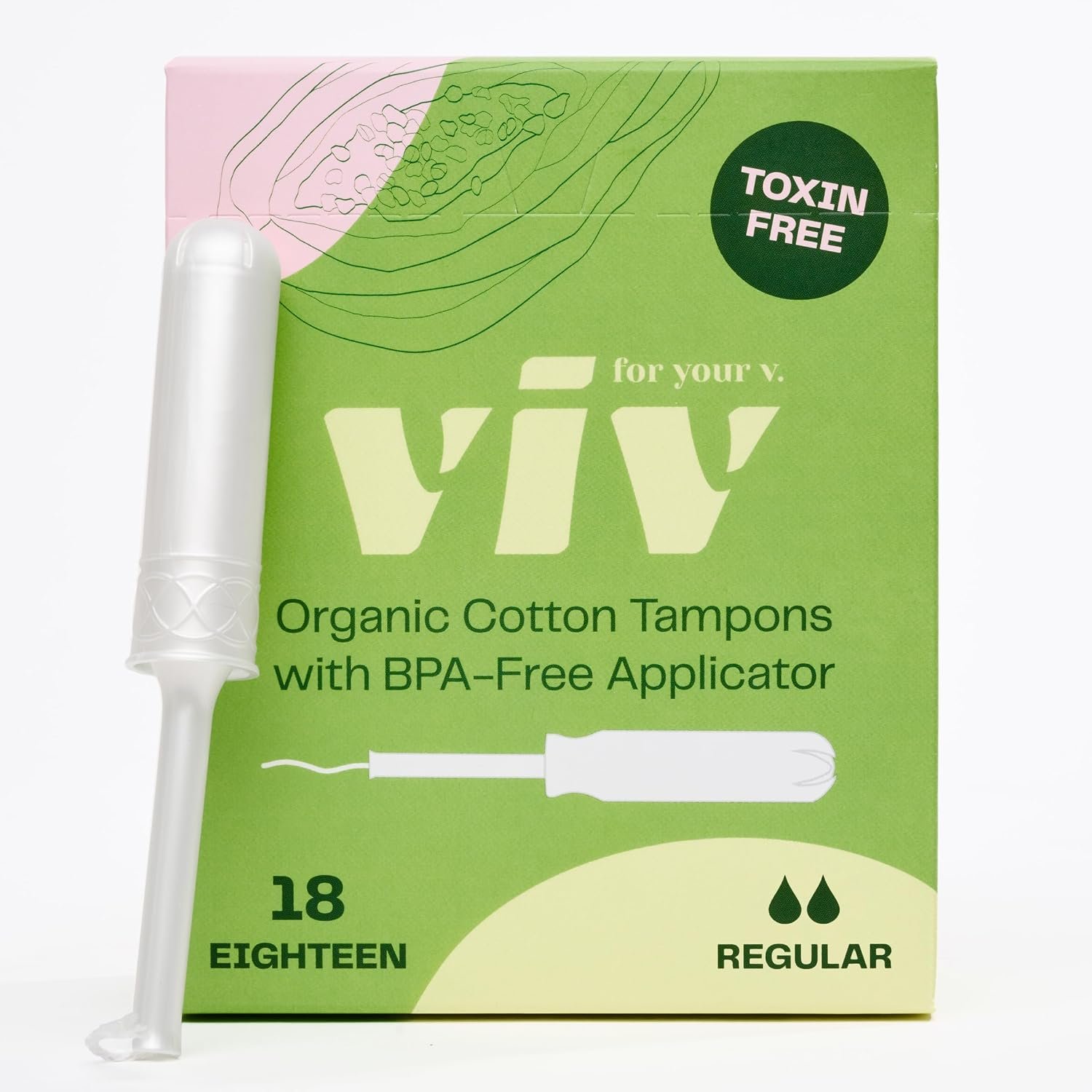 Viv for Your V Organic Cotton Tampons Regular, BPA-Free Applicator, Non-Toxic Tampons, Fragrance Free, HSA FSA Approved, 18 Count