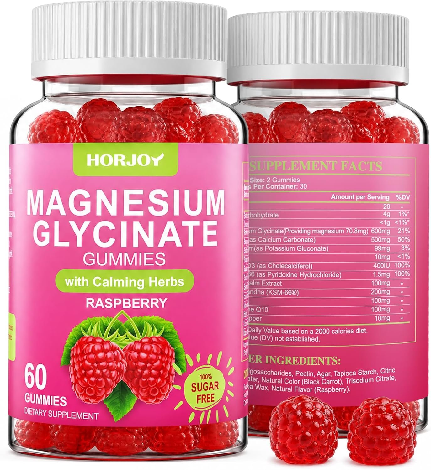 Magnesium Glycinate Gummies 600mg for Adults, Sugar-Free, 60 Count | Raspberry; Fully Chelated, Non Buffered, Oxide Free; With Ashwagandha, GABA, Lemon Balm, Melatonin Free Evening Wind-down