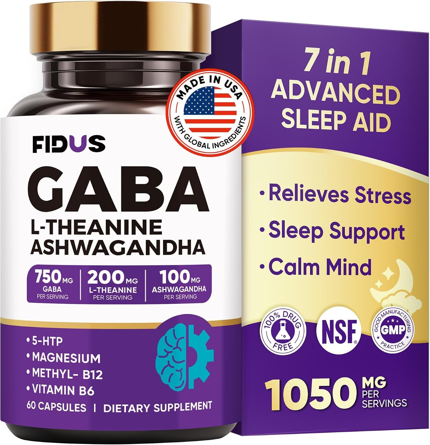 GABA Supplements 1050mg Blend, Advanced Sleep Aid & Calm, L-Theanine, 5-HTP | Magnesium, Ashwagandha, B6 & B12, Gamma Aminobutyric Acid – Made in USA – Melatonin-Free & Non-Habit Forming