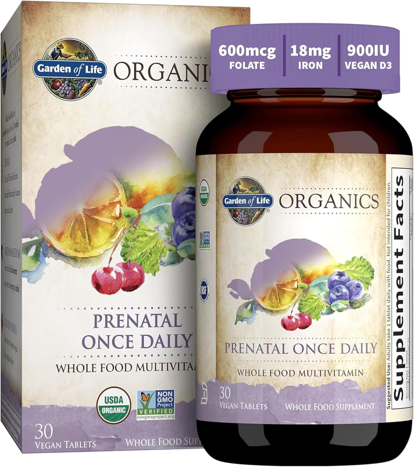 Garden of Life Organics Prenatal Once Daily with Folate, Vitamin C, B6, B12 & D3 – Prenatal Vitamins for Women with Energy Metabolism Support for Healthy Fetal Development, Non-GMO, Vegan, 30 Tablets