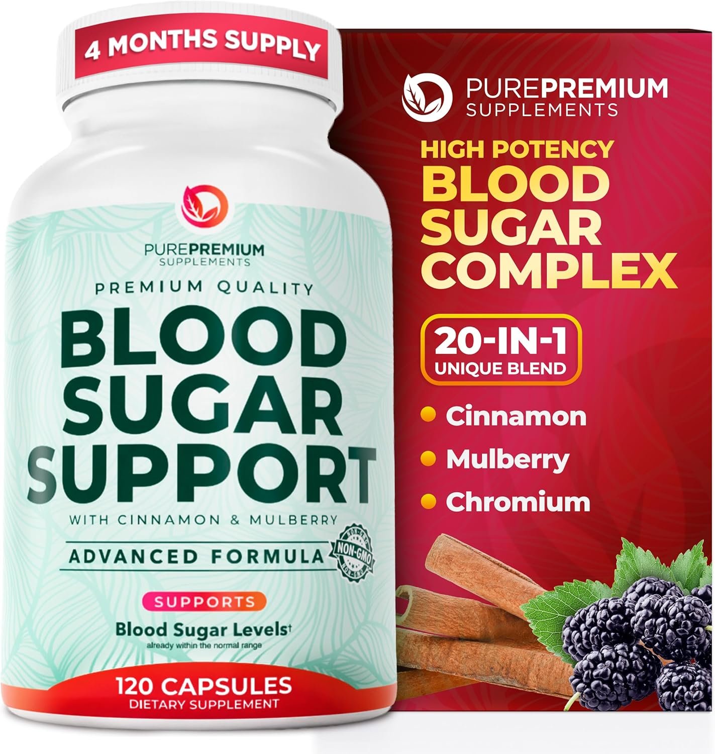 PurePremium Normal Blood Sugar Support Supplement – 120 Capsules | 20 Active Ingredients Blood Sugar Complex with Cinnamon, Bitter Melon, Chromium, Mulberry – 4-Month Supply, Made in USA
