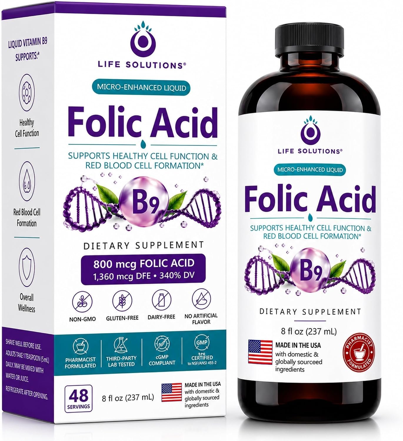 Life Solutions Liquid Vitamin B9 Folic Acid 800mcg Berry – 8oz | 800 mcg Liquid Vitamin B9 (Folic Acid) Berry Flavor – Fast absorption for prenatal, heart & brain support