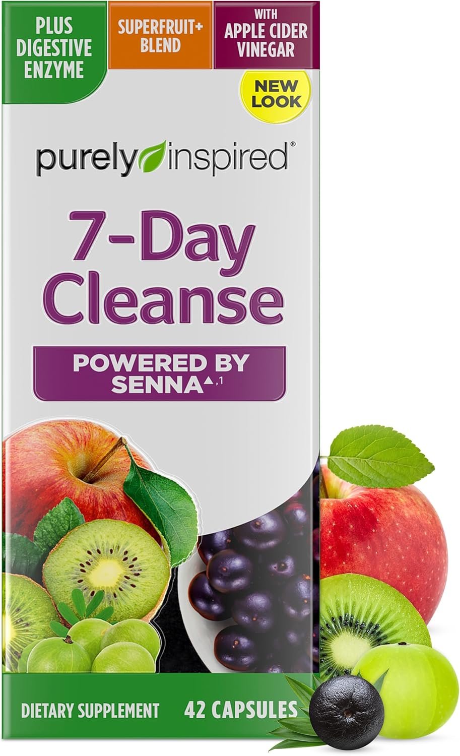 Purely Inspired 7-Day Detox Cleanse – Digestive Enzymes & Probiotics | Whole Body Cleanse & Detox Pills for Women & Men, Powered with Senna Leaf, Vitamin C, Apple Cider Vinegar – 42 Capsules