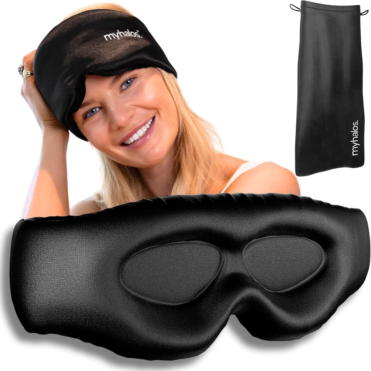 MyHalos 3D Mulberry Silk Sleep Mask, Blackout Eye Mask for Women & Men | 100% Silk Fabric, Contoured Cups for Zero Eye Pressure, Adjustable Strap, Travel & Night Use, Soft & Breathable