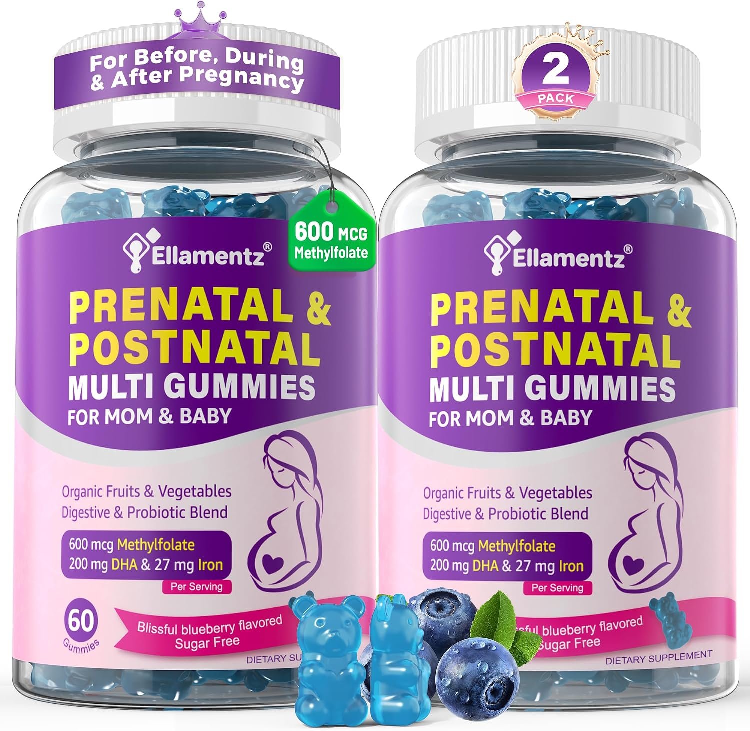 Prenatal Vitamins for Women Gummies + Methylfolate, DHA & Iron, Vegan,120Ct | w/ Omega-3, Organic Food Blend, Choline, Vitamin D3 B6 B12 – Multivitamin for Women Before, During & Post Pregnancy, 0g Sugar
