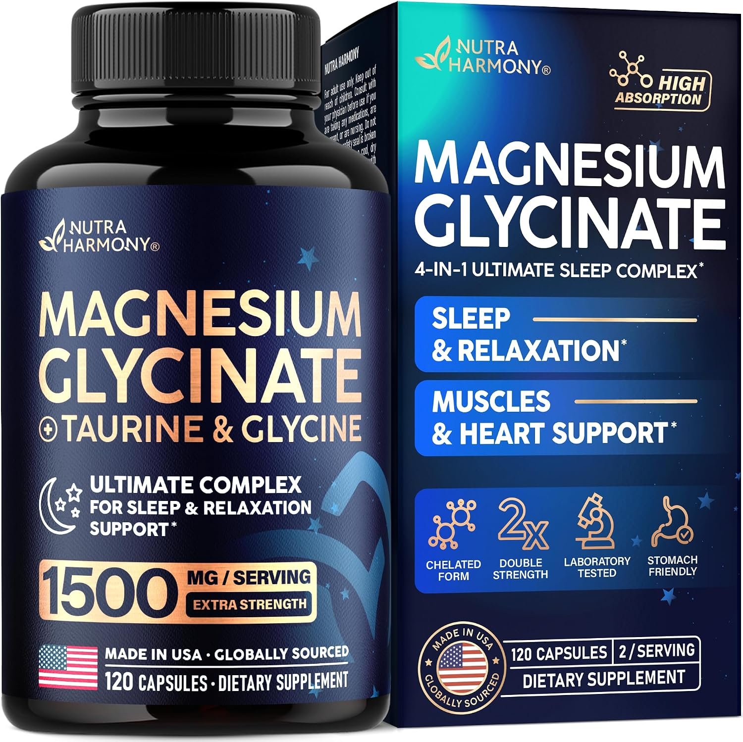 Magnesium Glycinate w/Glycine & Taurine – Magnesium for Sleep – 120 Caps | Sleep & Relaxation Complex – Extra Strength Magnesium Supplement 1500 mg for Women & Men – Chelated & High Absorption – Vegan