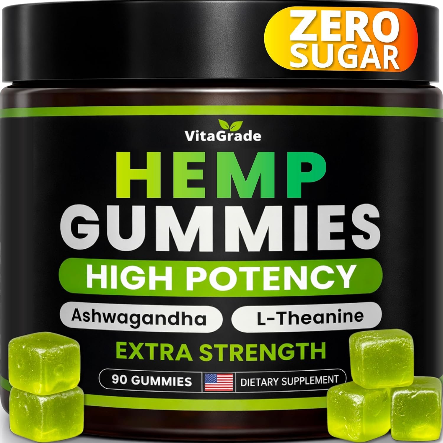 Hemp Gummies – Zero Sugar – Extra Strength for Peace & Relaxation, Non-GMO | Infused with Hemp Oil, Ashwagandha, L-Theanine – Tasty Relaxation Supplement – Natural Relief, 90 Count – Formulated in USA
