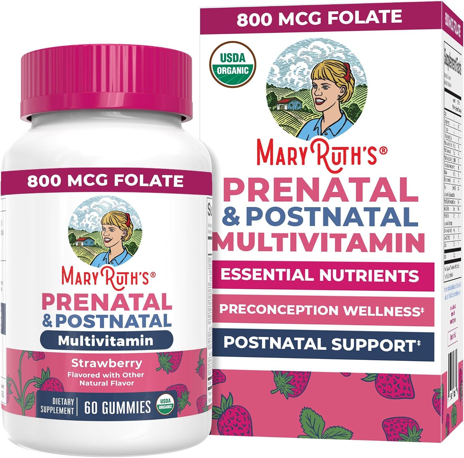 MARYRUTH’S USDA Organic Prenatal & Postnatal Multivitamin Gummies, 60 ct | Prenatal Vitamins for Women, Pregnancy & Postnatal Support, With Essential Nutrients + Folate, Vegan, Gluten Free, Strawberry