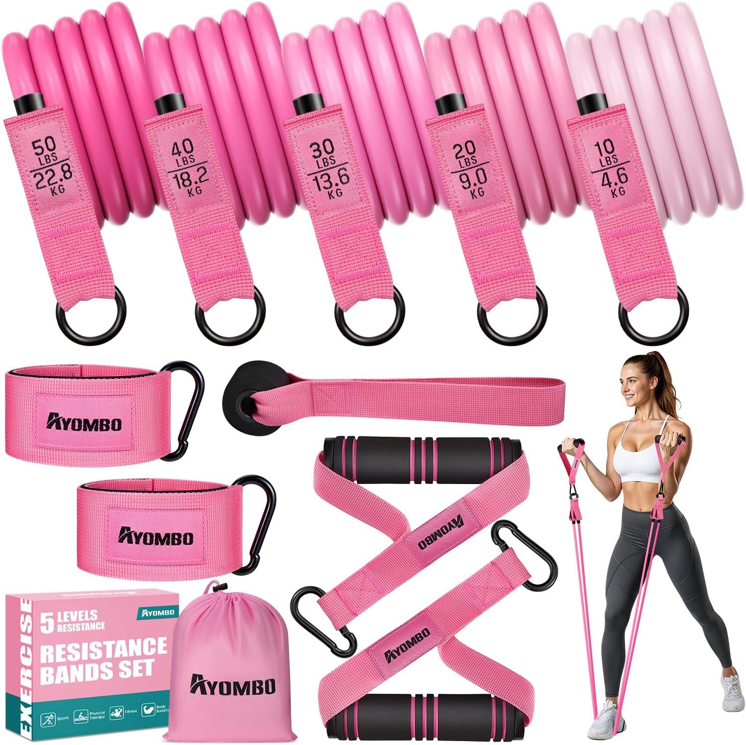 Ayombo Resistance Bands with Handles for Women, 150LBS Exercise Bands Set for Physical Therapy Yoga Pilates, 5 Level Workout Bands for Working Out with Door Anchor, Home Gym Fitness Equipment