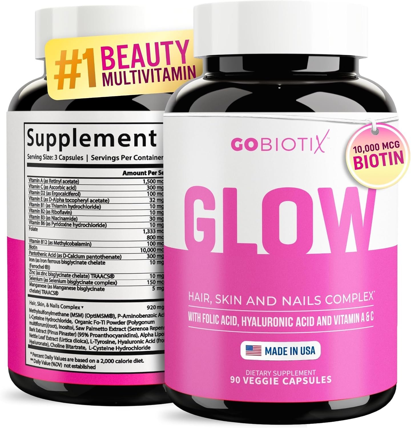 GOBIOTIX Hair, Skin & Nails Vitamins for Women — 10,000mcg Biotin, Hyaluronic Acid & MSM — 28 Vitamins with Folate & Iron — Supports Hair & Nail Growth — 90 Capsules