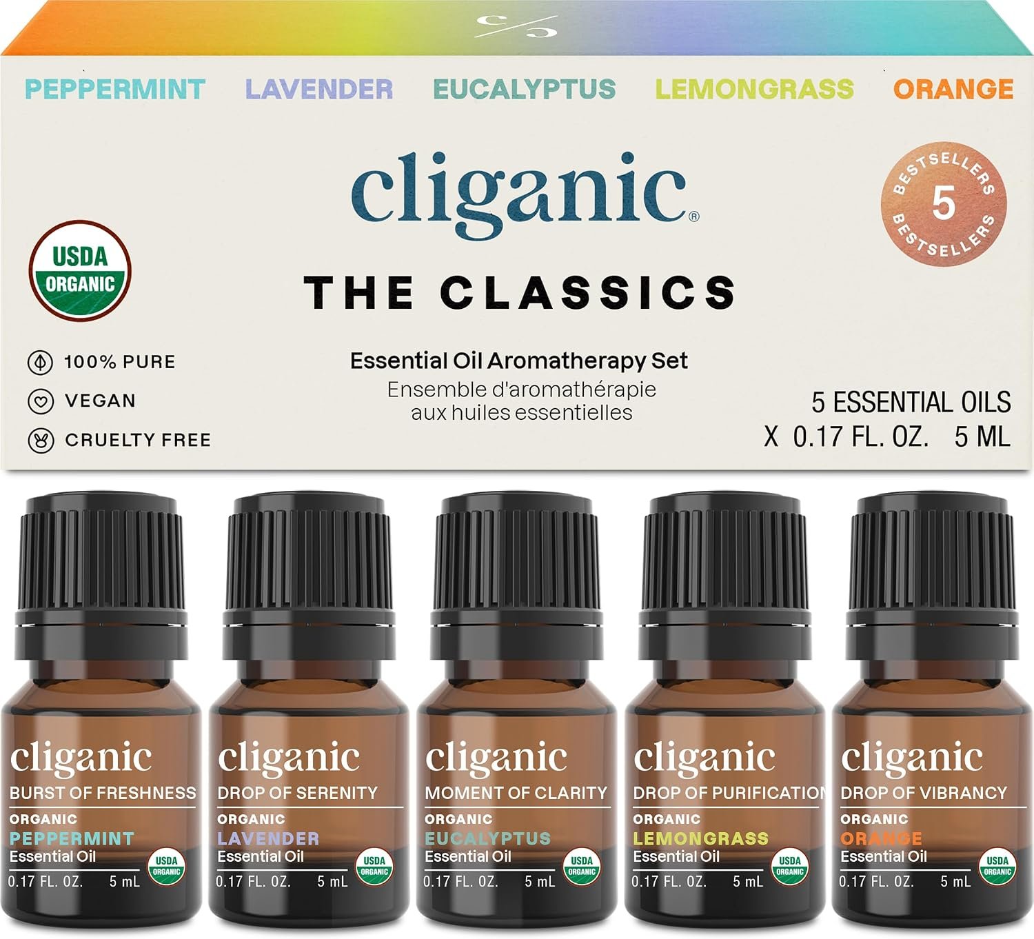 Cliganic Organic Essential Oils Set (Top 5 – The Classics) – 100% Pure Natural – Aromatherapy, Candle Making – Peppermint, Lavender, Eucalyptus, Lemongrass & Orange