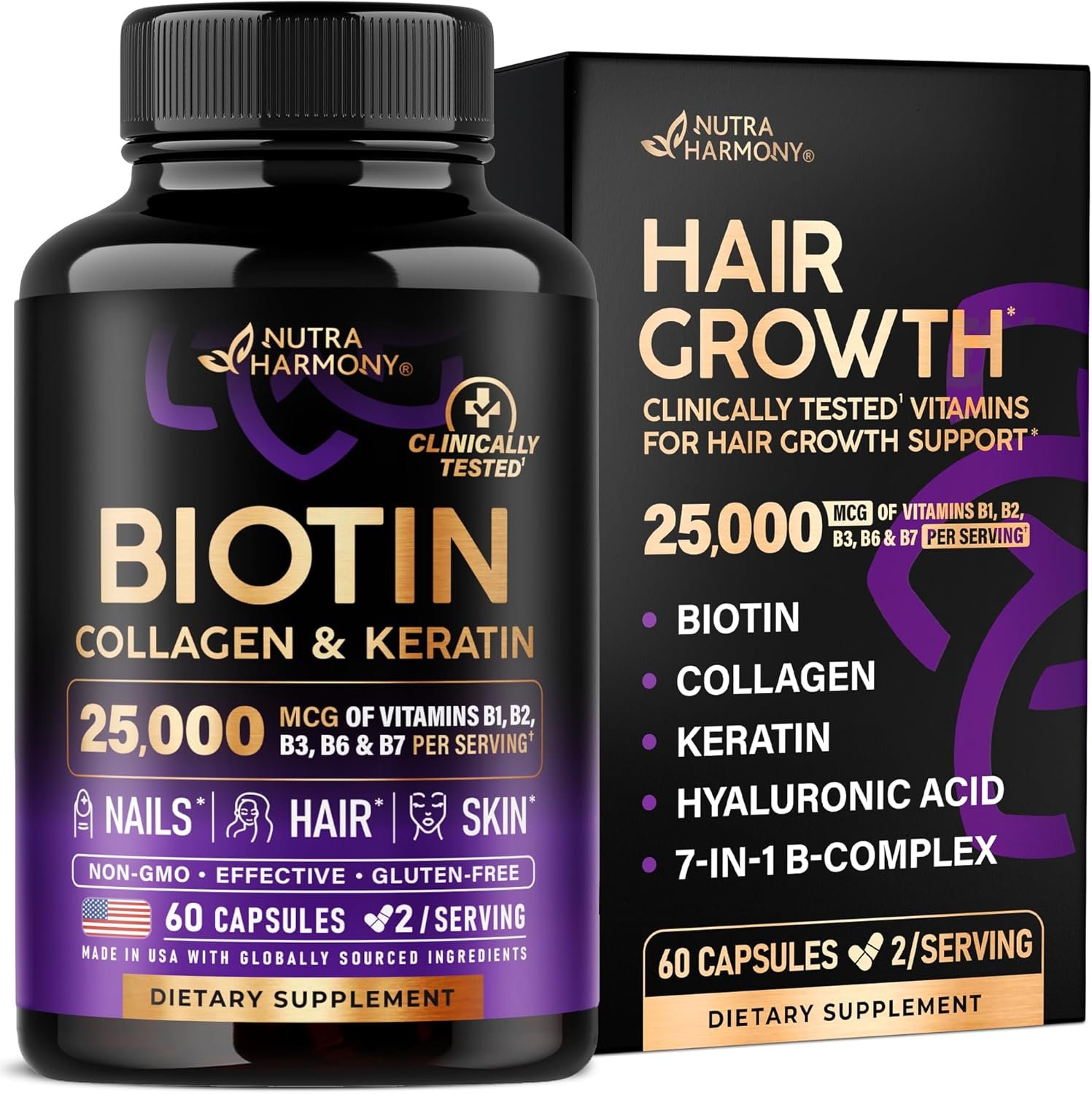 Biotin, Collagen, Hyaluronic Acid & Keratin – Hair Growth Support – 60 Caps | Hair, Skin & Nails Vitamins – Clinically Tested Supplement for Men & Women – 25000mcg Vitamins B1, B2, B3, B6 & B7