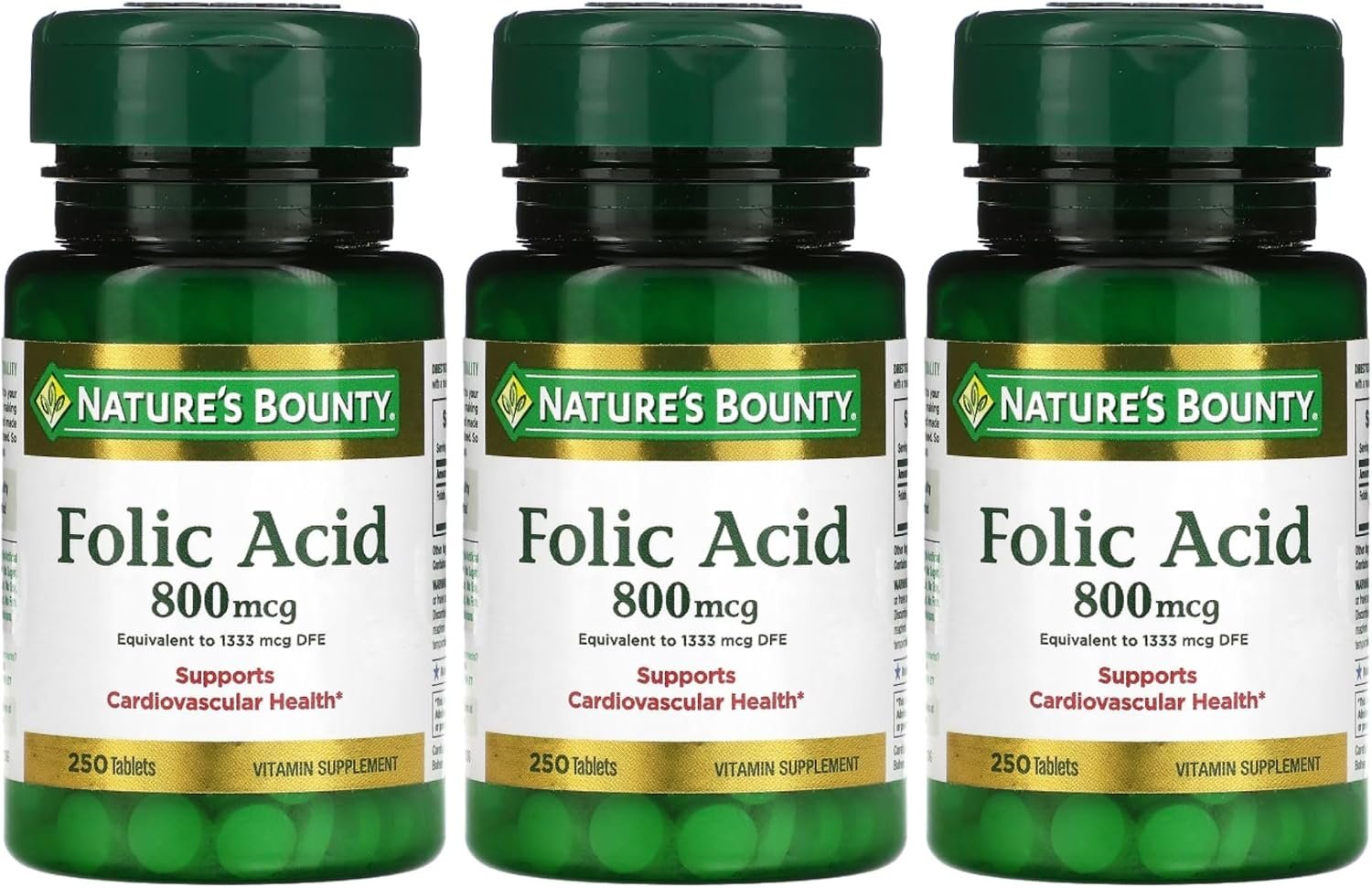 Nature’s Bounty Folic Acid Supplement, Supports Cardiovascular Health, 800mcg, Multi, No Flavour,750 Count, Pack of 3