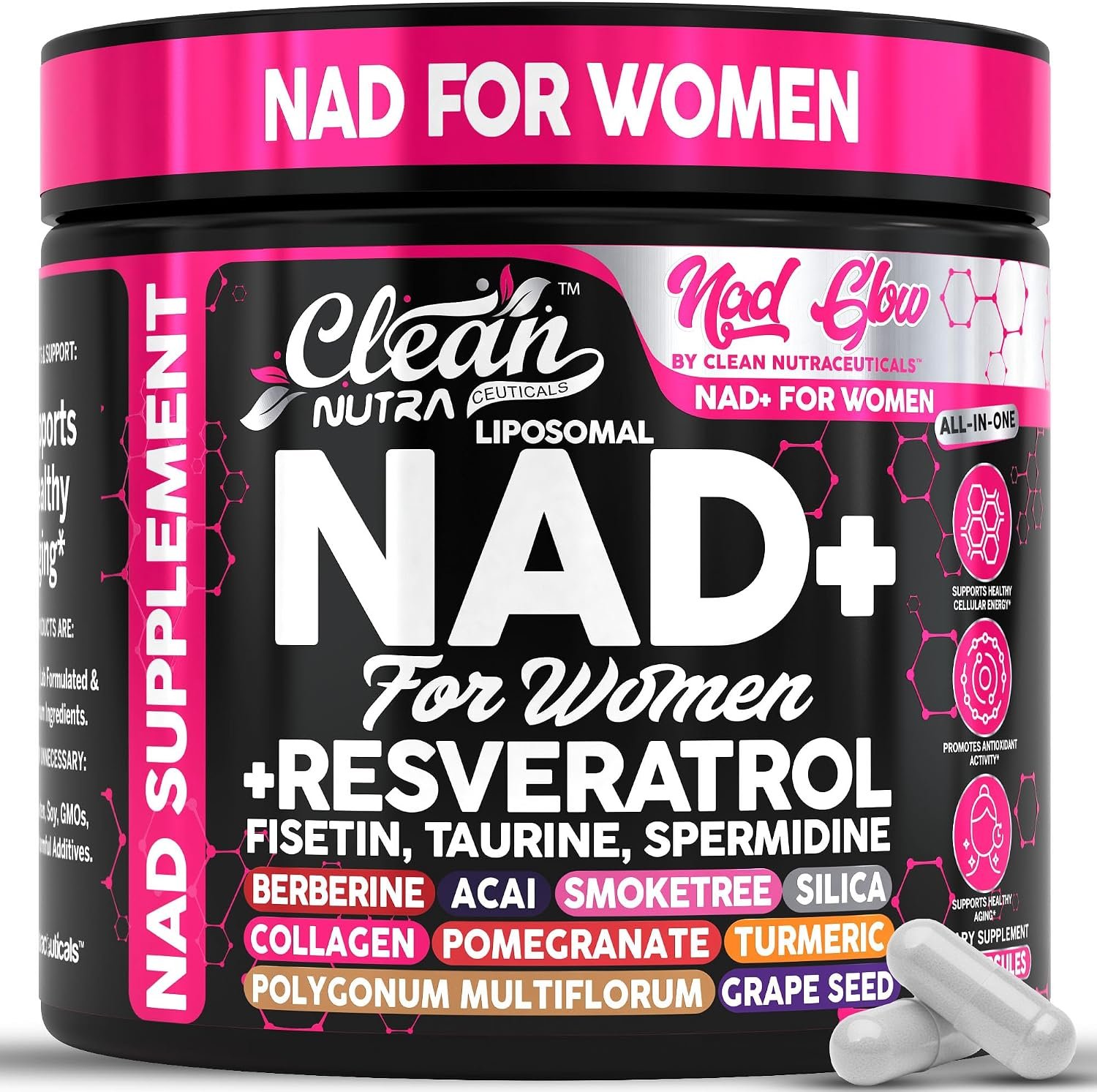 NAD+ Resveratrol Supplement for Women NAD Turmeric Vitamin C Acai Pomegranate Collagen Peptides Nicotinamide Fisetin Vitamin E Polygonum Multiflorum Berberine 90 Capsules by Clean Nutra