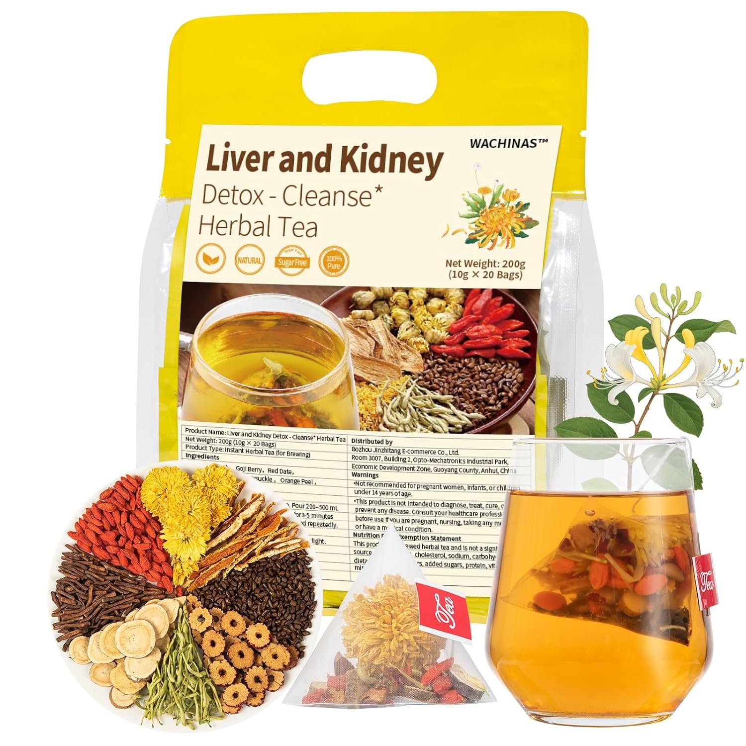 Premium Kidney and Liver Detox Tea – 8 Herbal Blend with Dandelion, Goji Berry, Jujube, Licorice Root & Chrysanthemum – Caffeine & Sugar Free – 20 Individually Wrapped Pyramid Tea Large Bags (200g)