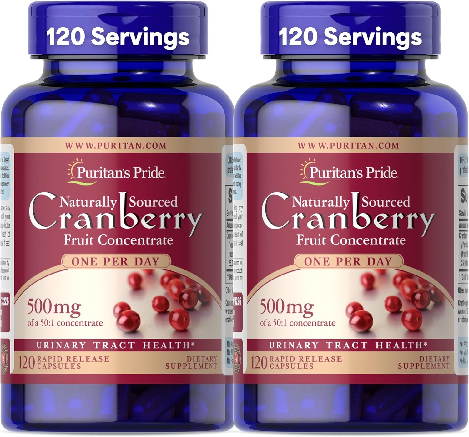 Puritan’s Pride Naturally Sourced Cranberry One Per Day Fruit Concentrate 500mg, 50:1 Dietary Supplement for Urinary Tract Support, 4 Month Supply, 120 Rapid Release Capsules, 2 Pack