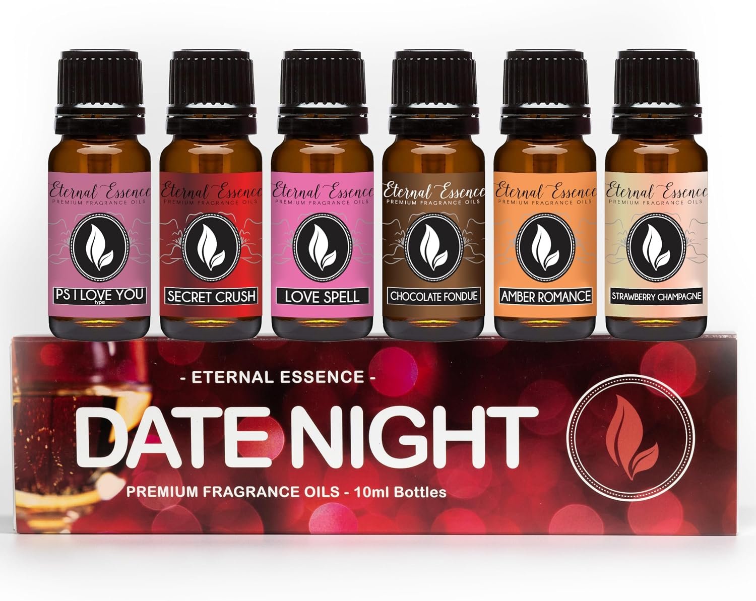 Eternal Essence Oils Date Night Set of 6 Premium Fragrance Oils – Includes PS I Love You, Amber Romance, Secret Crush, Chocolate Fondue, Strawberry Champagne, and Love Spell Scented Oils – 10ML