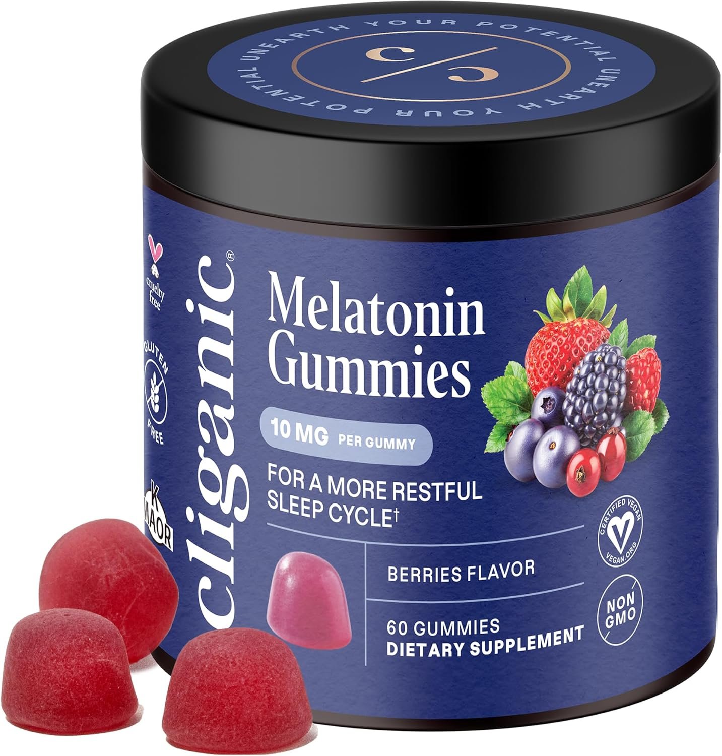 Cliganic Melatonin Gummies (10 mg, 60-Day Supply) – Adult Sleep Aid, Berry Flavor, Vegan, Non-GMO, Kosher, Gluten-Free Supplement, Helps Regulate Circadian Rhythm & Promotes Peaceful Nights