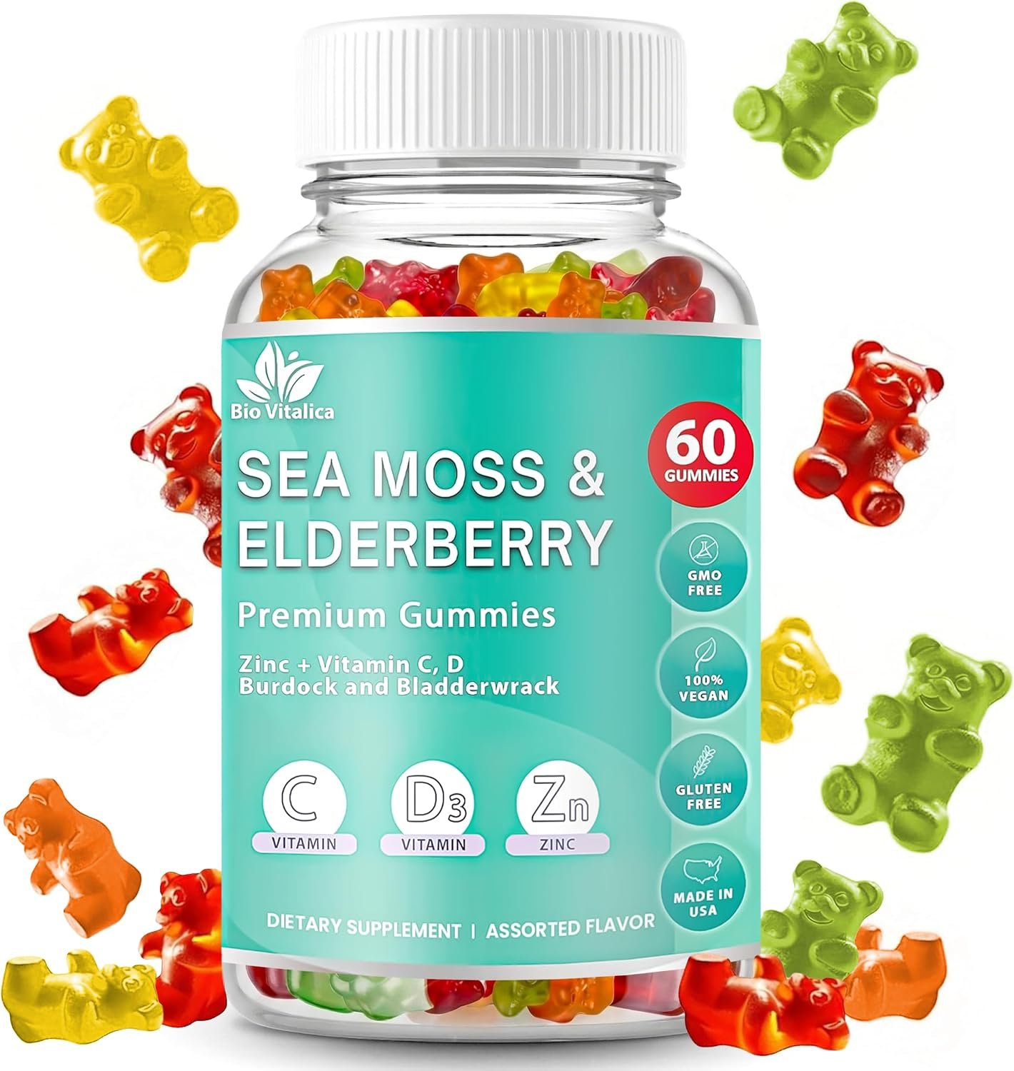 Irish Sea Moss Gummies with Elderberry – USA Made Vegan Gummies with Vitamin C, D & Zinc – Immune Support Supplement with Bladderwrack & Burdock Root for Adults & Kids – 60 Count
