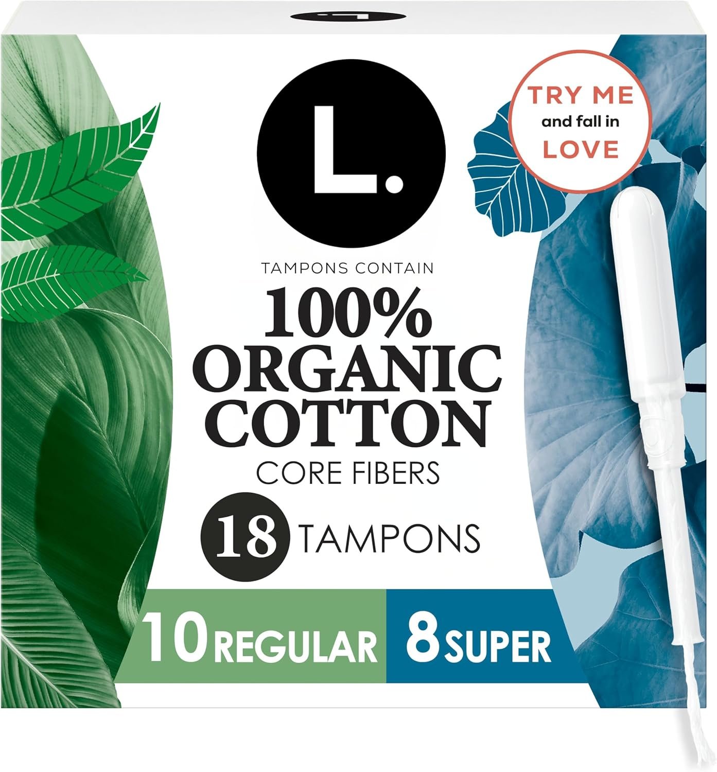 L. Tampons, Made with Organic Cotton, Regular/Super Absorbency, Multipack, Made Without Synthetic Pesticides, Rayon or Fragrances, Applicator Made Without BPA, Leak-Stopping Design, 18 Count