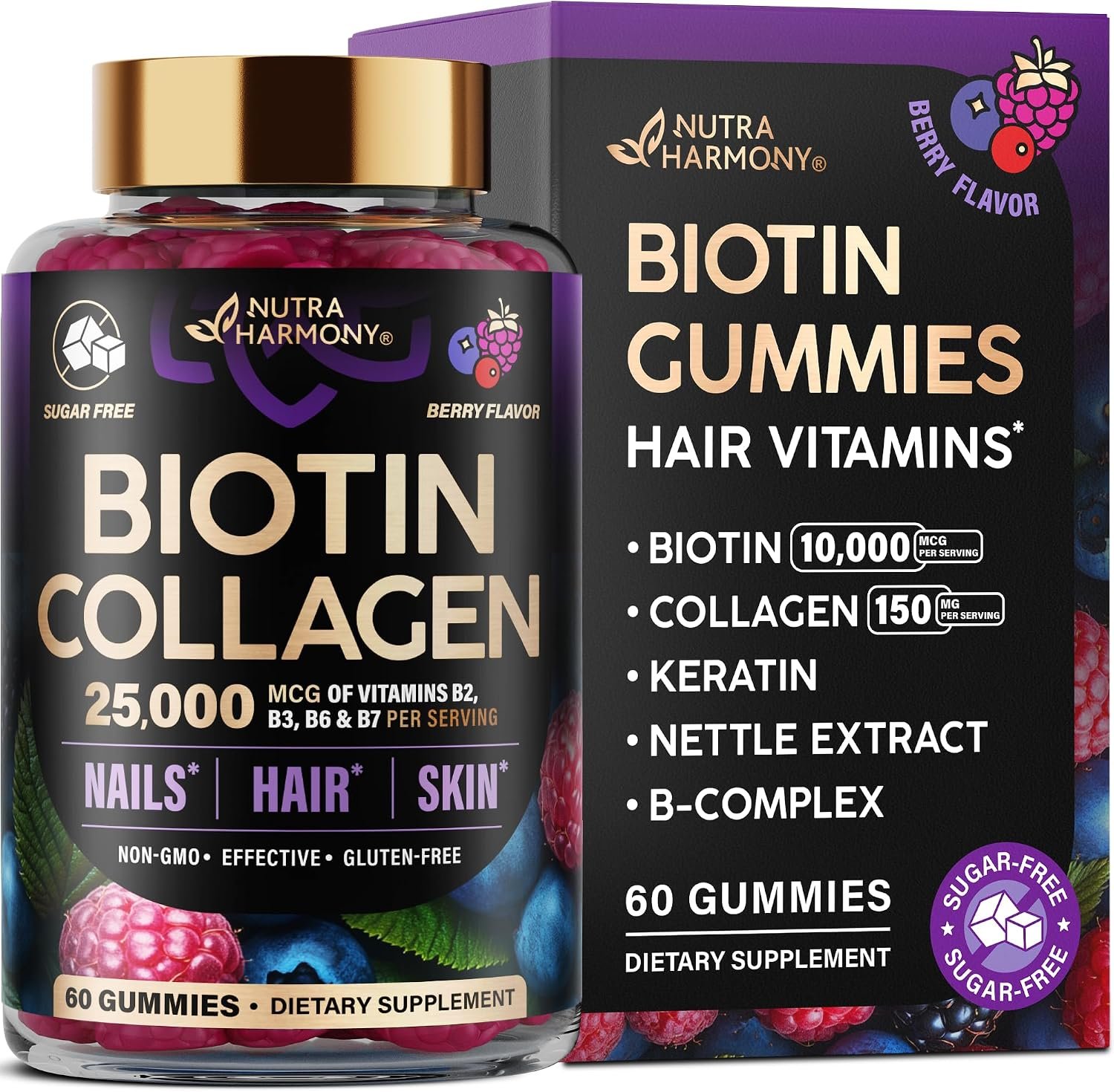 Biotin Gummies for Hair Growth Support – for Women & Men – Berry, 60 Gummy | Biotin 10000mcg, Collagen, Keratin, Hyaluronic Acid, B-Complex, Saw Palmetto – Hair, Skin & Nail Strengt Support – Sugar-Free