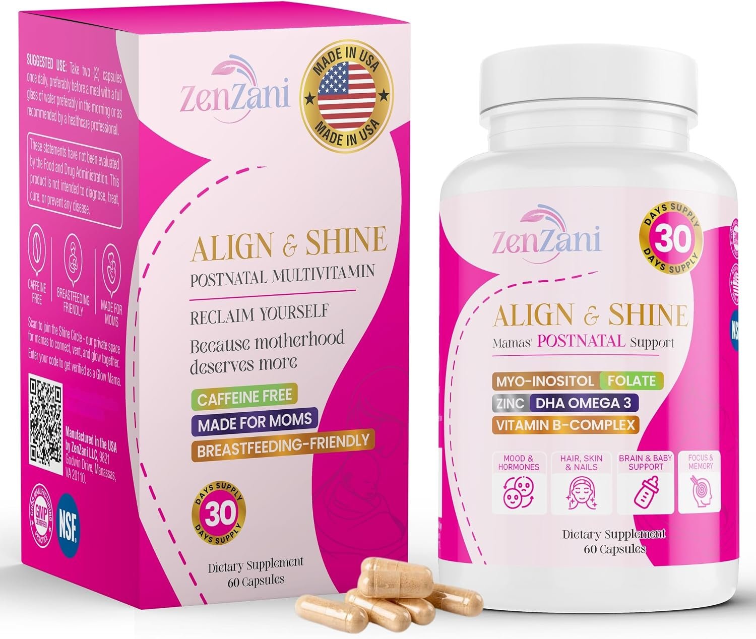 Align & Shine Postnatal Vitamins for Women – DHA, Iron, Folate, Vitamin B12 & Myo-Inositol | Postpartum Recovery – Breastfeeding Friendly – 1 Month Supply (60 Capsules)