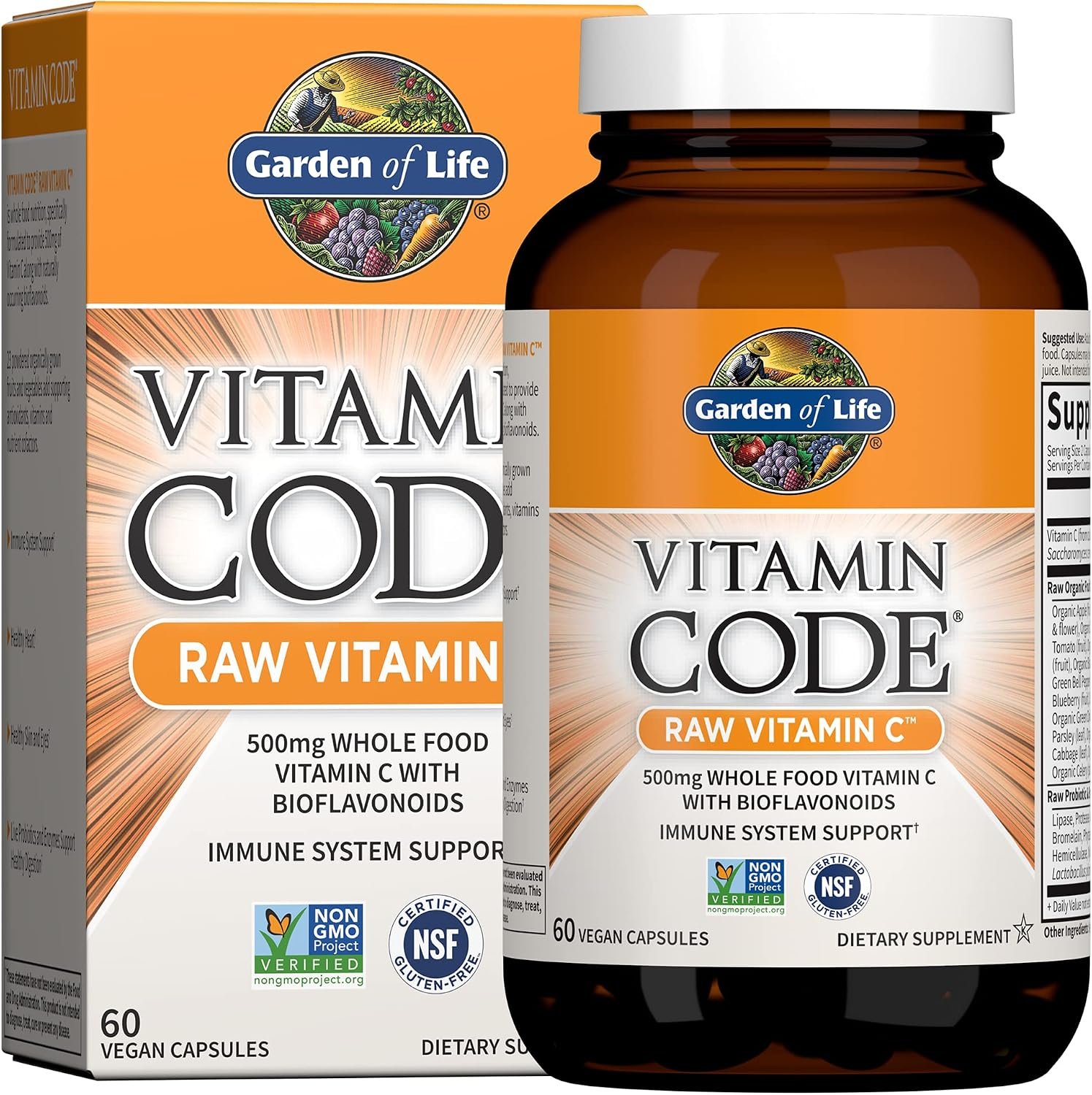 Garden of Life Vitamin Code Raw Vitamin C – 60 Capsules, 500mg Whole Food Vitamin C Capsules + Fruit & Veggie Blend & Probiotics, Supplements for Adults, Vegan, Gluten Free