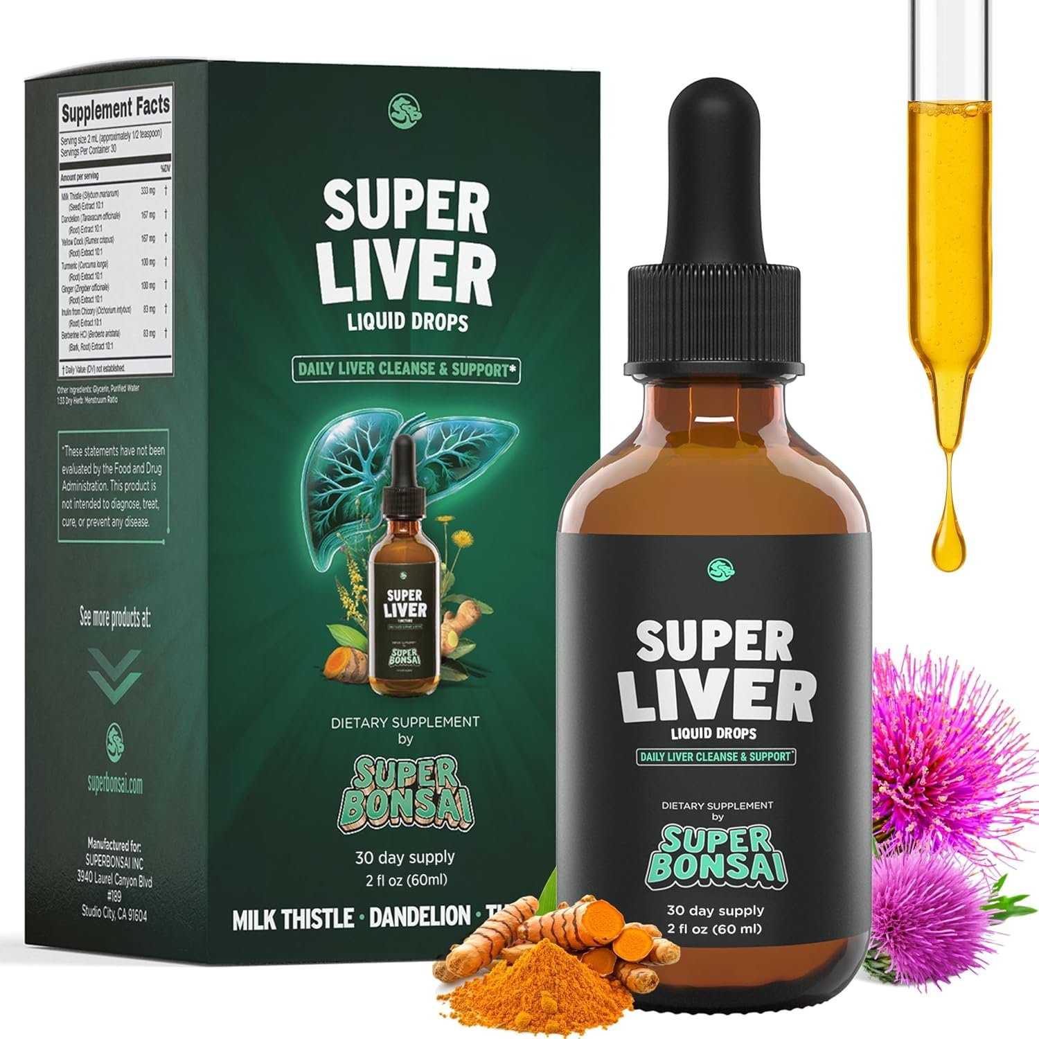 SuperBonsai Milk Thistle Herbal Liquid Supplement – Doctor-Formulated Botanical Blend with Milk Thistle and Dandelion Root – Vegan Non-GMO Drops – 1 Month Supply