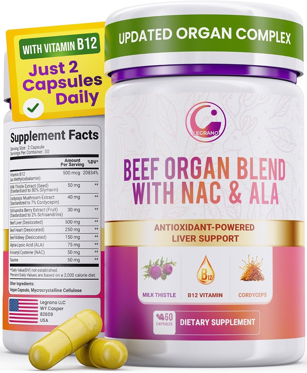 LEGRANO Beef Organ Supplement for Women – Grass Fed Beef Liver, Heart & Kidney with NAC, ALA, Milk Thistle – Desiccated Organ Capsules for Female Energy, Hormone Balance & Liver Detox – 60 Capsules