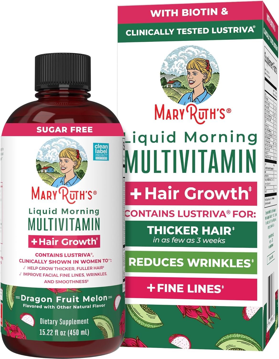 MARYRUTH’S Liquid Multivitamin + Hair Growth, Clinically Thicker Hair, 15oz | Clinically Tested in Women for Thicker Hair & Facial Wrinkles, Biotin 10000mcg, Lustriva Hair Growth Supplements, Skin Care