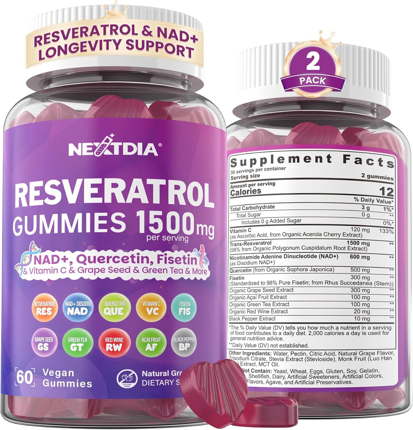 1500mg Resveratrol+NAD+ 600mg +Quercetin +Fisetin Gummies-Sugar Free,2 Pack | Resveratrol Supplement-NMN Synergy w/Grape Seed,Acai Berries Extracts for Antioxidant,Healthy Aging & longevity, Skin, Brain