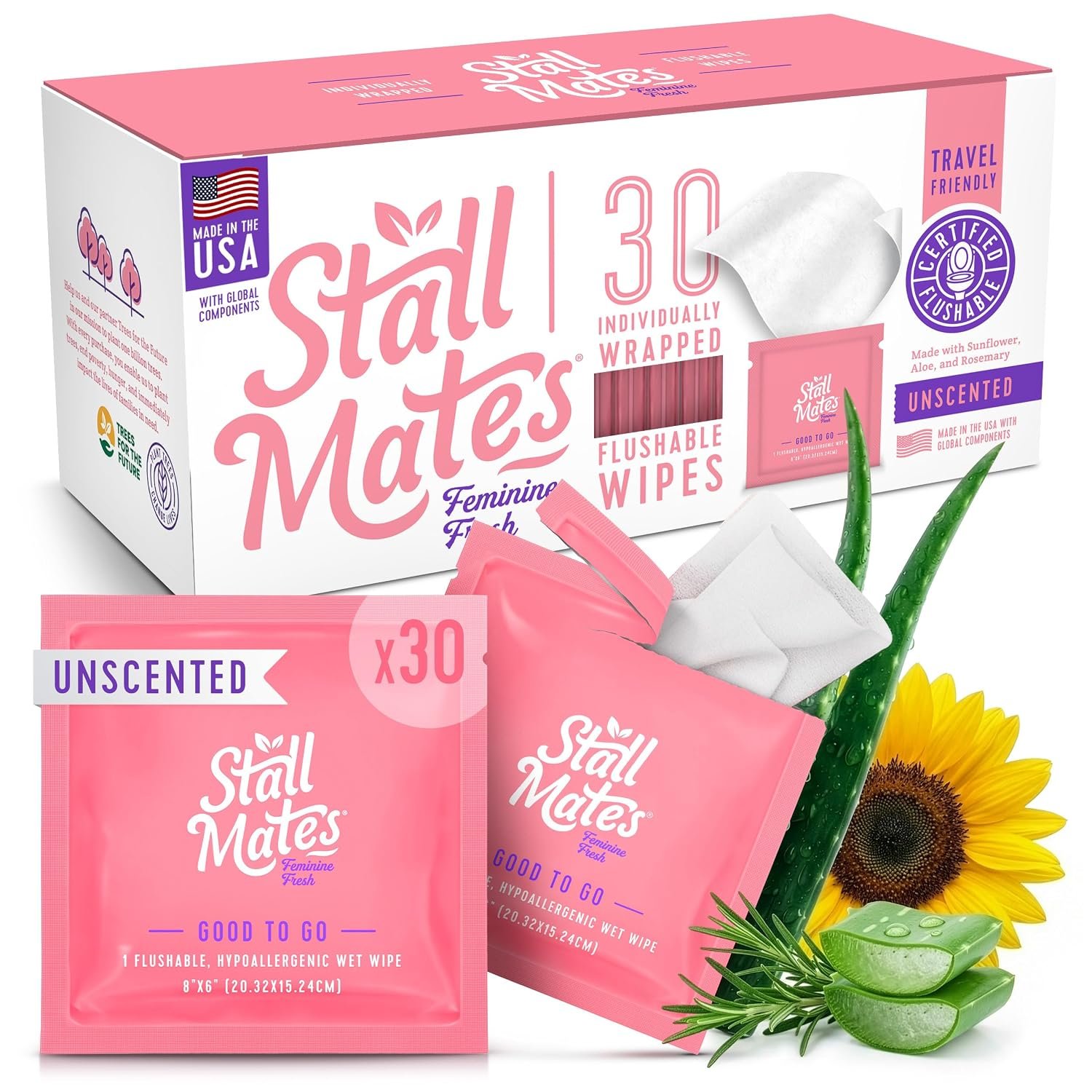 Stall Mates Feminine Fresh Flushable Wipes, PH Balanced, 30 Count | PH Balanced Formula, With Sunflower, Rosemary & Aloe, Travel Friendly, on-the-go singles, For Women