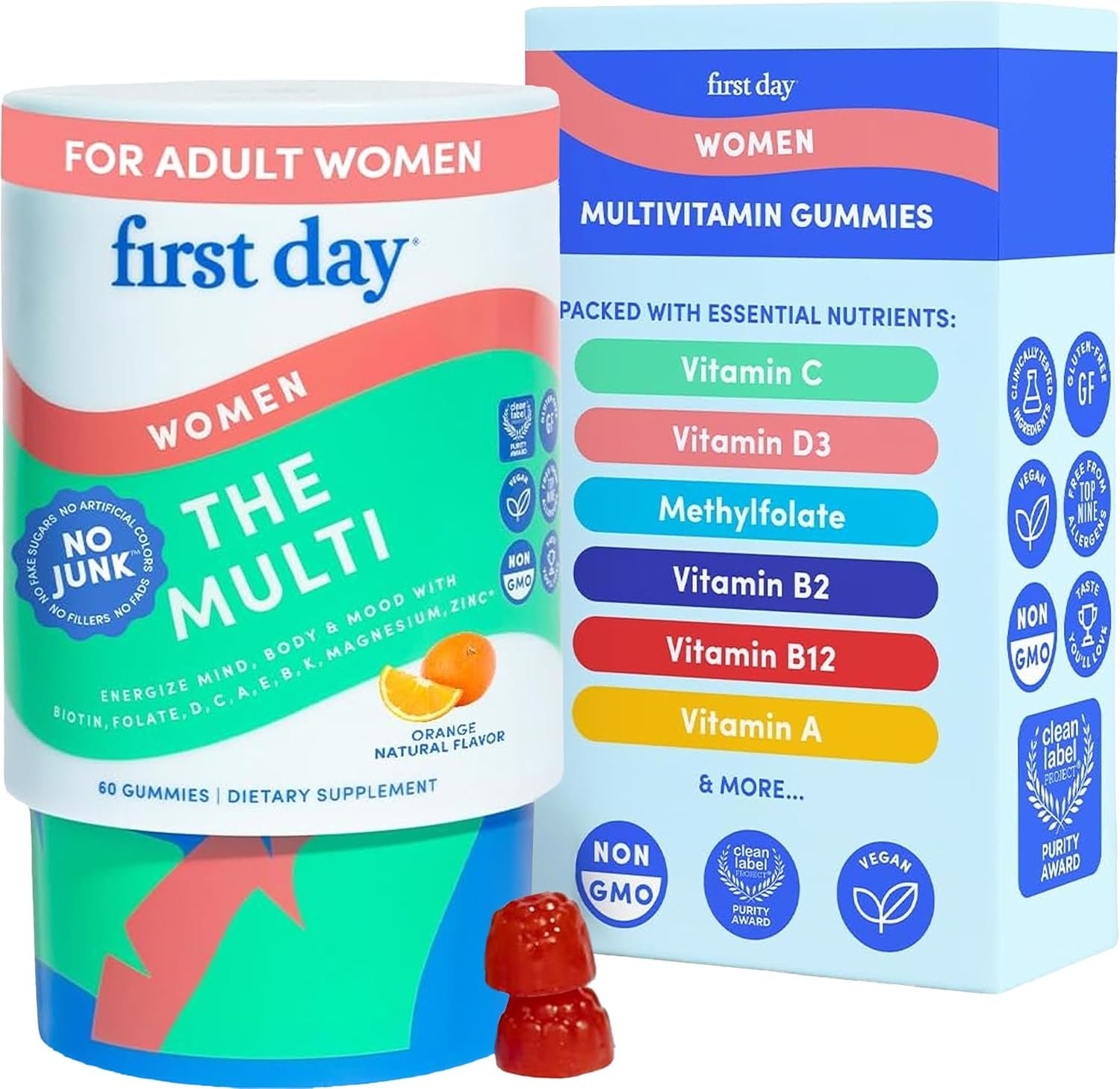 FIRST DAY Women’s Multivitamin Gummies with Methylated Folate, 60 Gummies | Vegan daily multivitamin for women with biotin, zinc and organic superfood blend; take 2 gummies daily for everyday nutrition