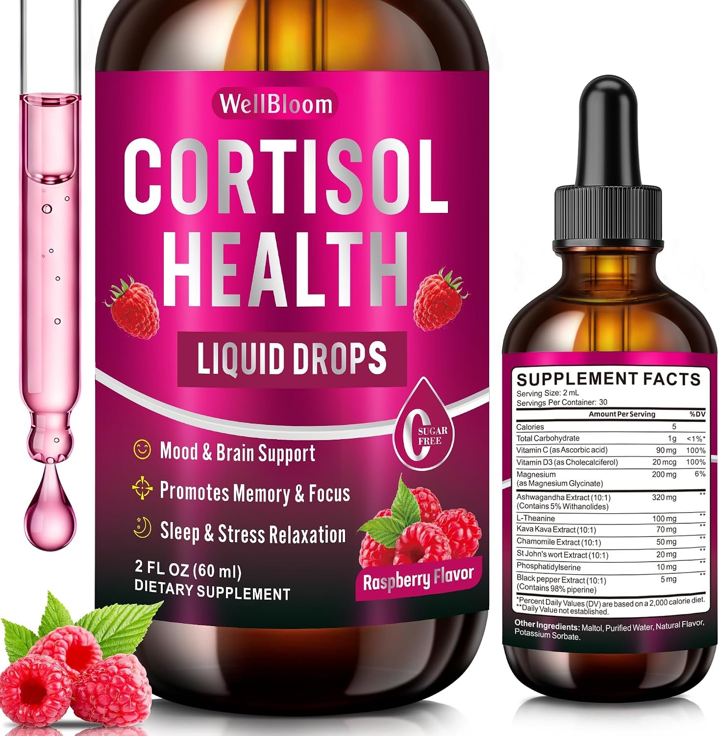 Cortisol Reducer for Women & Men with Magnesium Glycinate, Ashwagandha, L-Theanine – Supports Stress Relief, Sleep & Heart Health, Nerves, Muscles – 2 Fl Oz