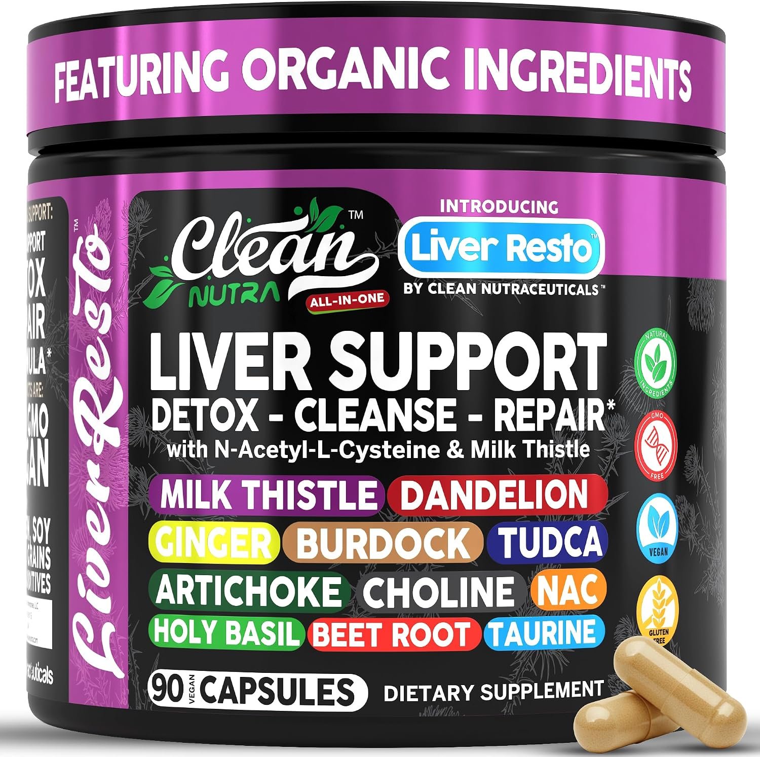 Clean Nutraceuticals Liver Cleanse Detox & Repair | Milk Thistle Supplement + NAC, TUDCA, Dandelion Root, Artichoke, Choline, Ginger, Beet Root, Burdock, Taurine, Liver Support 90 Capsules