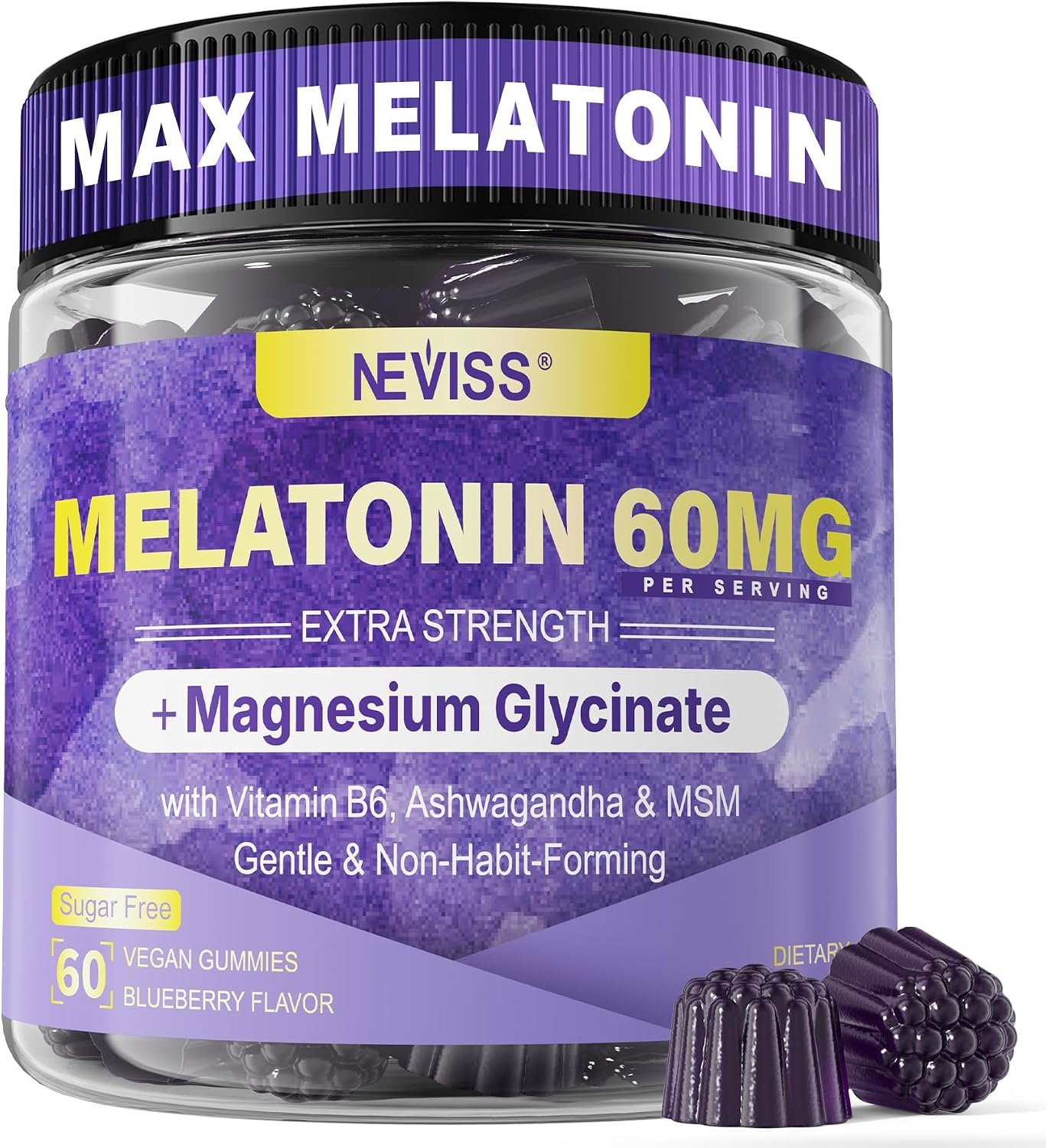Melatonin Gummies 60mg 30mg for 50+ Adults, High Dose, Extra Strength, 60Ct | With Magnesium Glycinate, Vitamin B6, Ashwagandha & MSM, Non-Habit Forming, Sugar Free, Vegan, Blueberry Flavor