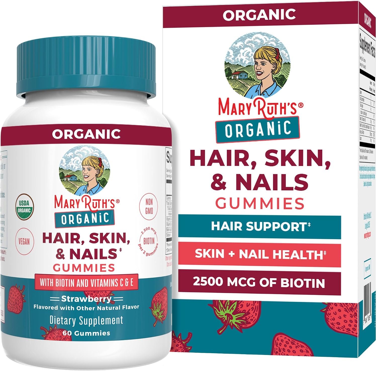 MARYRUTH’S Organic Hair Skin and Nail Vitamins, Ages 14+, Skin Care, 60ct | USDA Organic, 2500 mcg Biotin Gummies, Vitamin C & Vitamin E, Hair Growth, Skin Care, Nail Growth
