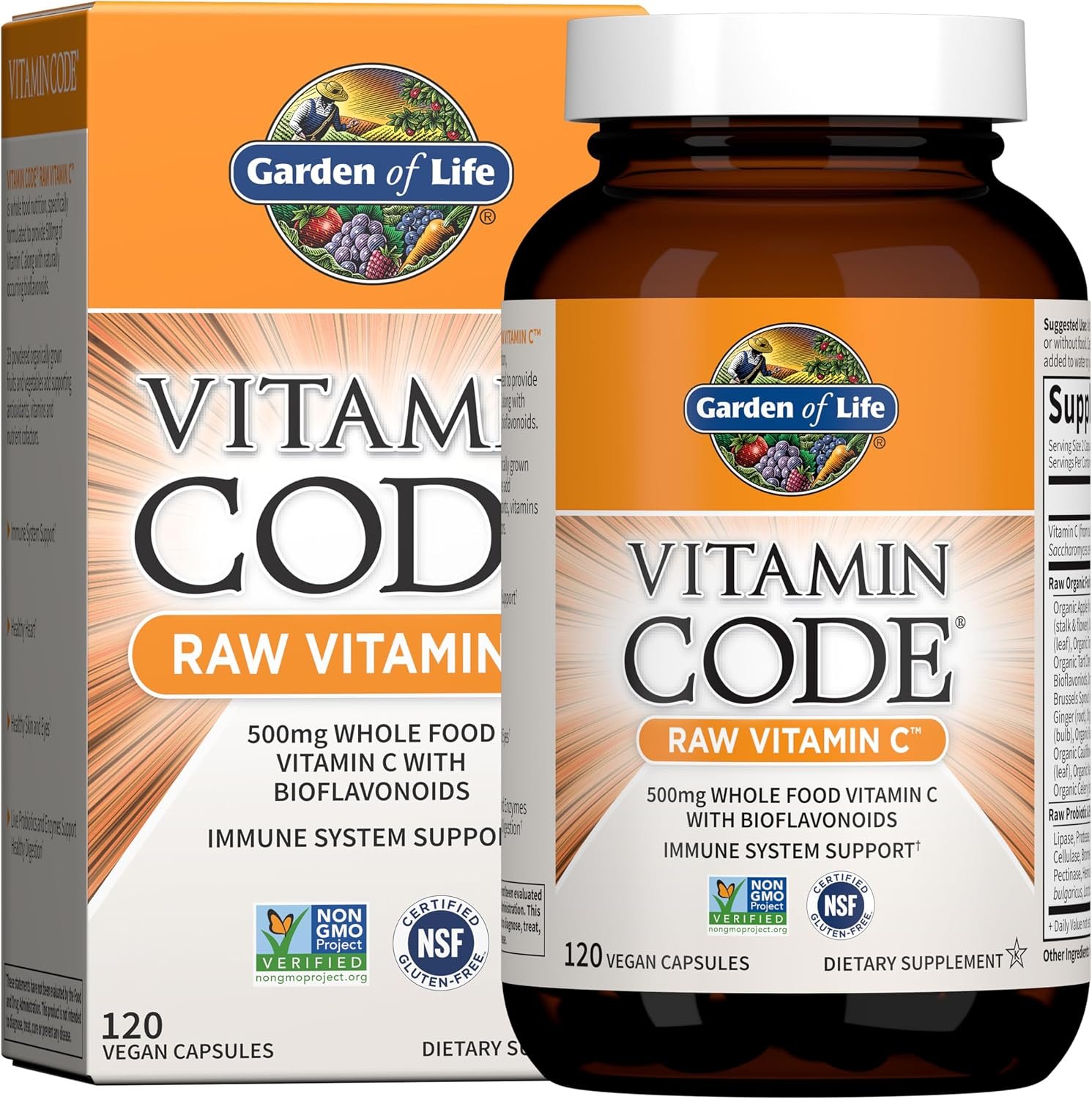 Garden of Life Vitamin Code Raw Vitamin C – 120 Capsules, 500mg Whole Food Vitamin C Capsules + Fruit & Veggie Blend & Probiotics, Supplements for Adults, Vegan, Gluten Free
