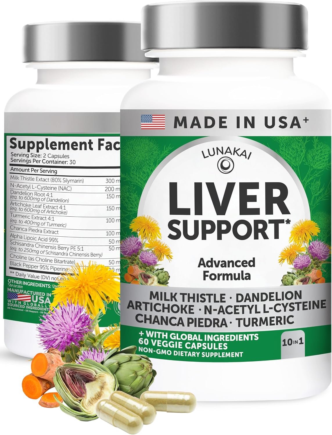 Lunakai USA Made Liver Support with Milk Thistle & NAC, 60ct