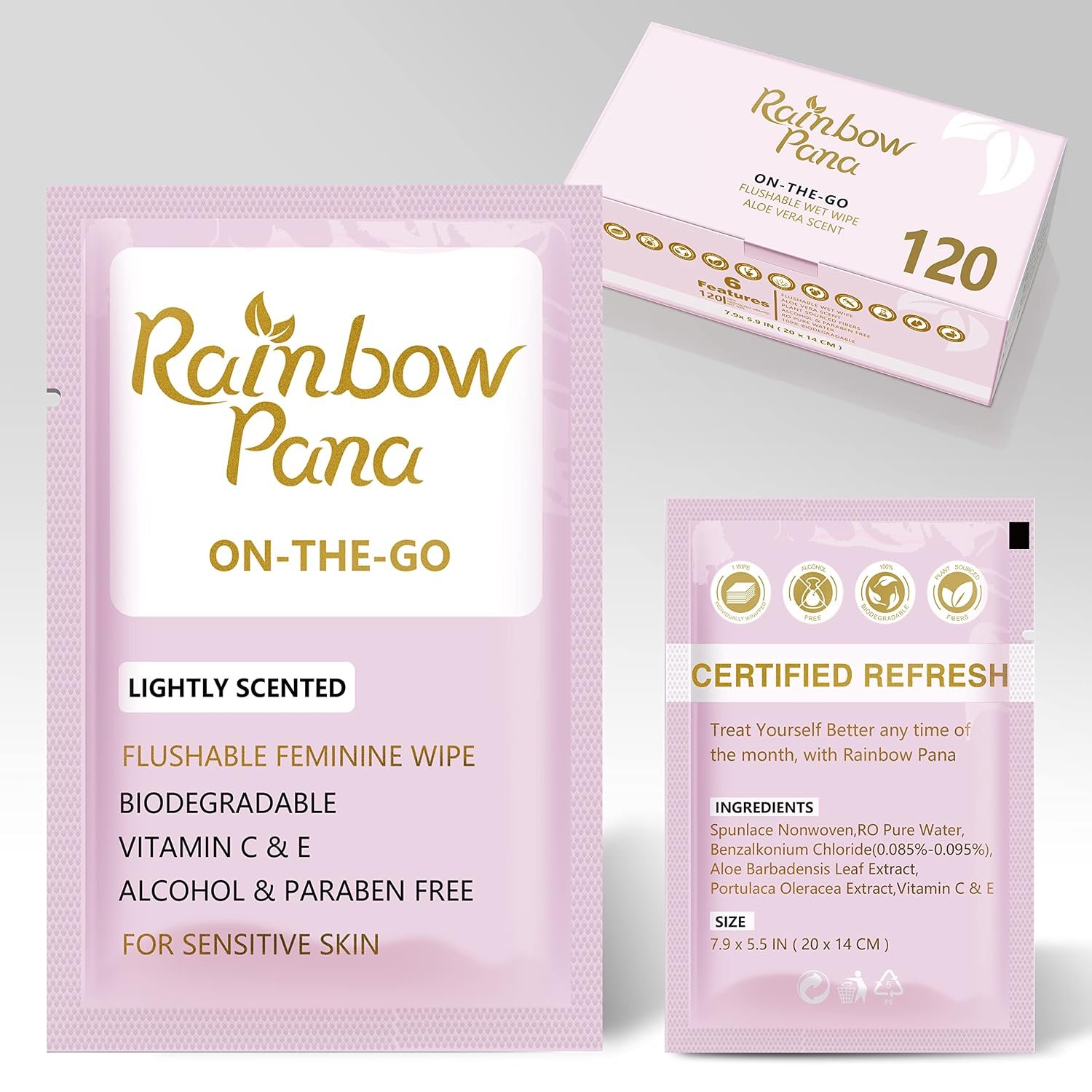 RainbowPana Feminine Wipes, 120 Count ON-THE-GO Individually Wrapped | Flushable Wipes, Travel Wipes for Women, Aloe, Portulaca, Vitamin E | pH Balanced