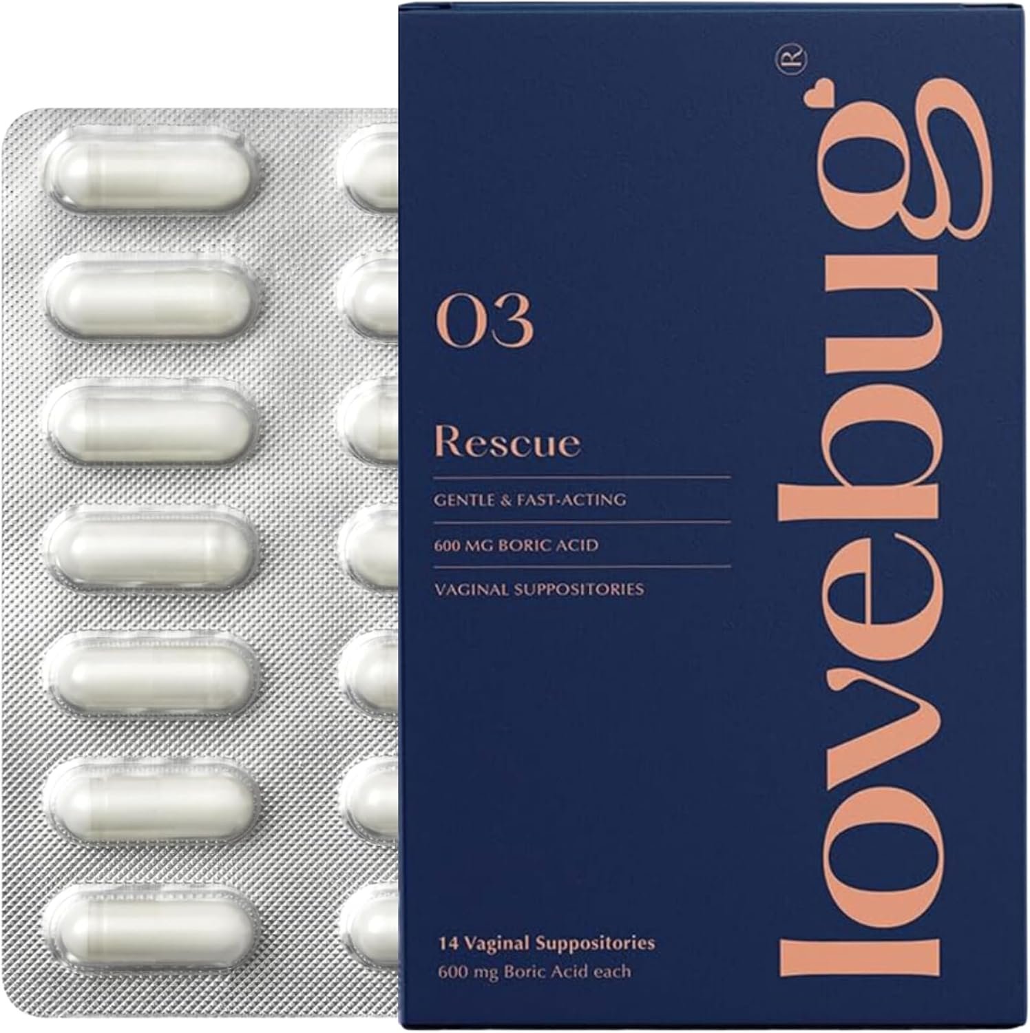 LoveBug Women’s Health Rescue Vaginal Boric Acid Suppositories for Women – Fast Acting Suppository for Odor, Discharge, Yeast, and pH Balance with Coconut Oil, Hyaluronic Acid & Vitamin E, 14 ct