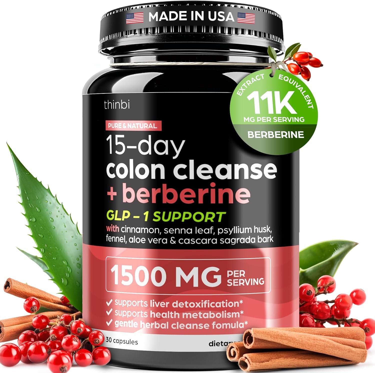 Artnaturals Thinbi Colon Cleanse Capsules with Berberine, 15-Day Supply | Digestive Support, Gut Health Support, Helps With Regularity, Senna & Psyllium, Ceylon Cinnamon, Made in USA