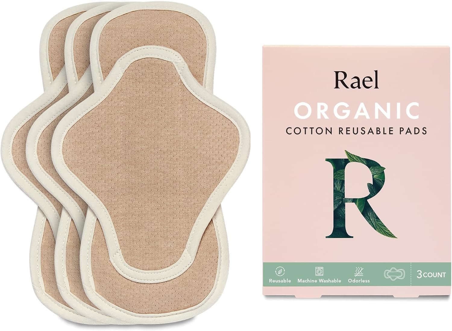 Rael Reusable Sanitary Pads, Organic Cotton Cover (3 Count, Regular) | Moderate Absorbency, Thin Cloth, Leak-Resistant Design, Washing Machine Safe, Menstrual and Postpartum Essentials for Women