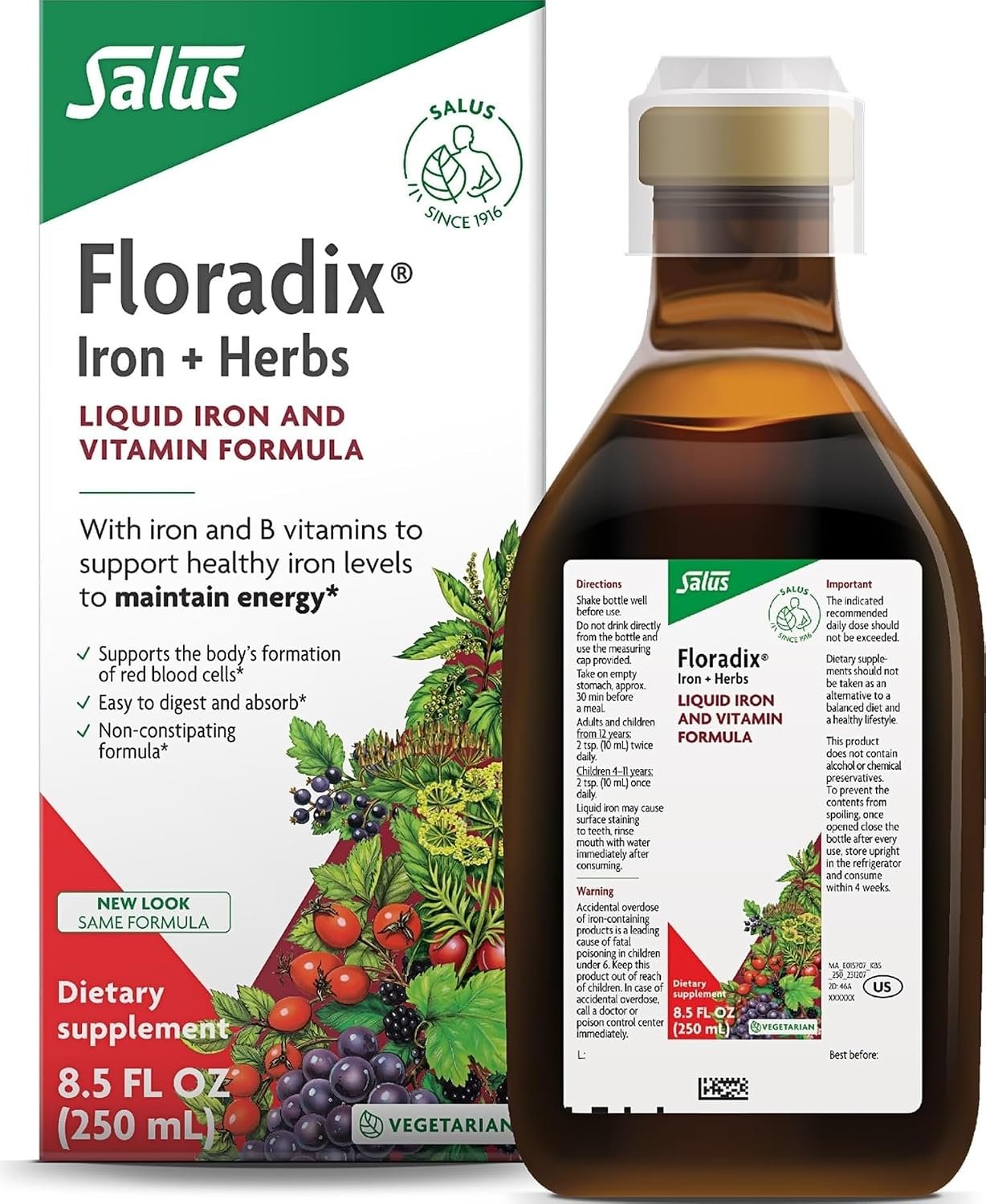 Floradix Iron & Herbs, Herbal Supplement for Men and Women, 8.5 fl oz | Liquid Iron Supplement with Vitamin C, Vitamin B Complex & Ferrous Gluconate Iron for Energy Support & Red Blood Cells