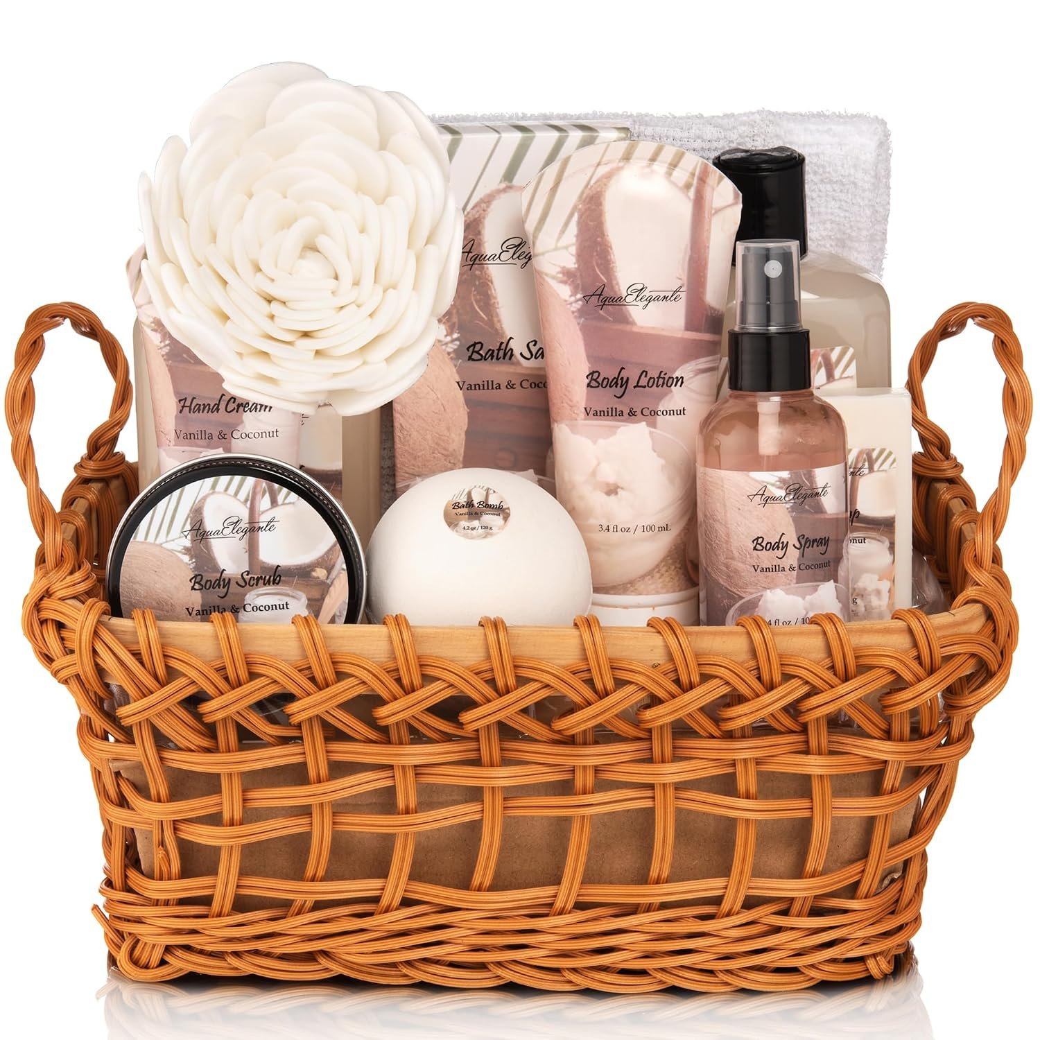 Aqua Elegante Luxury Spa Basket For Women – Coconut & Vanilla | Bath Set with Wash, Bubble Bath, Lotion, Salts, Body Scrub, Towel, Shower Puff, Bathbomb, Gift for Mom, Wife, Girlfriend, Her