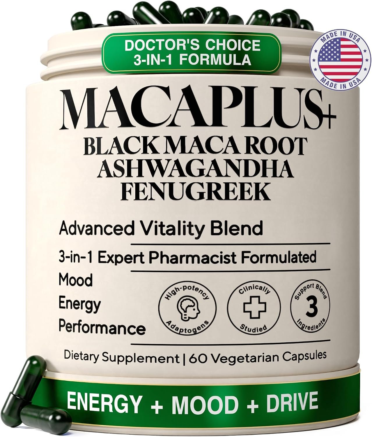 Organic Black Maca Root, 40:1 Extract, Ashwagandha & Fenugreek, 60ct | Energy, Stamina, Mood & Healthy Testosterone Support: Peruvian 3-in-1 Adaptogen Formula
